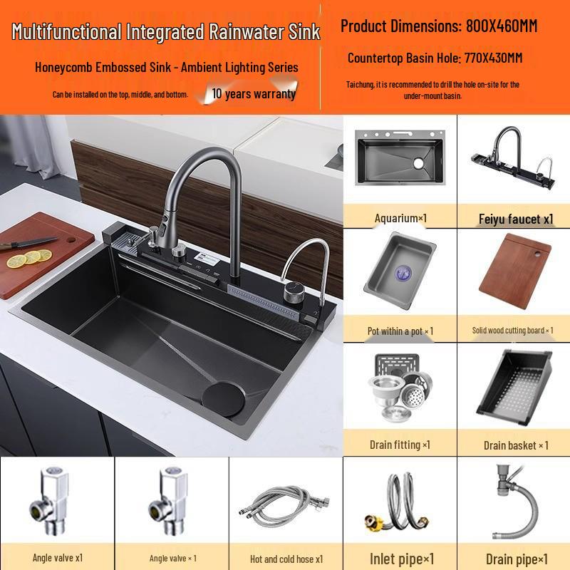 Large Single Bowl Kitchen Sink: 304 Stainless Steel Digital Display with Nano Honeycomb & Waterfall Features