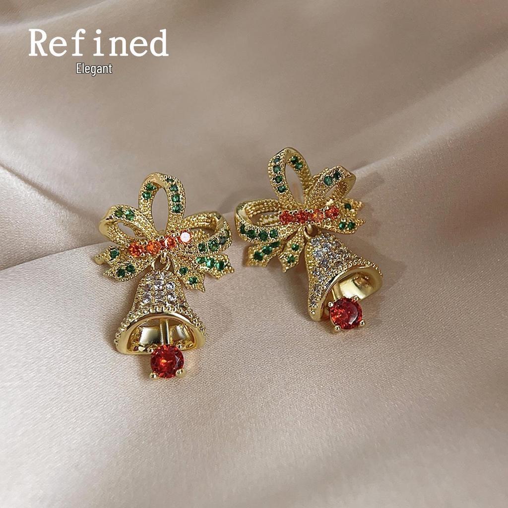 14K Gold Plated Colorful Gemstone Zircon Christmas Bell Stud Earrings 2023