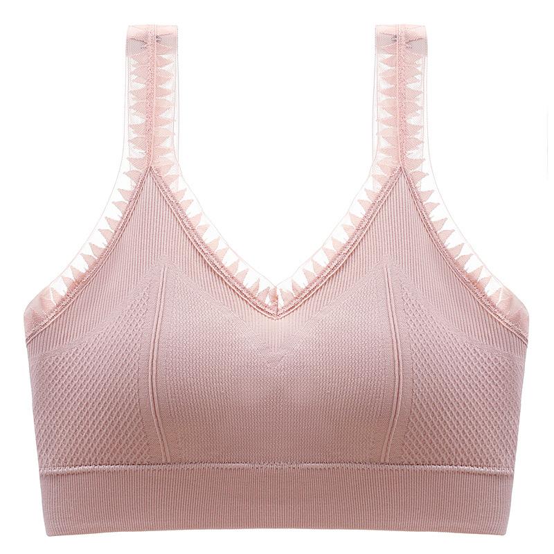 Olive Green Ribbed Wireless Bra with Sheer Lace Trim