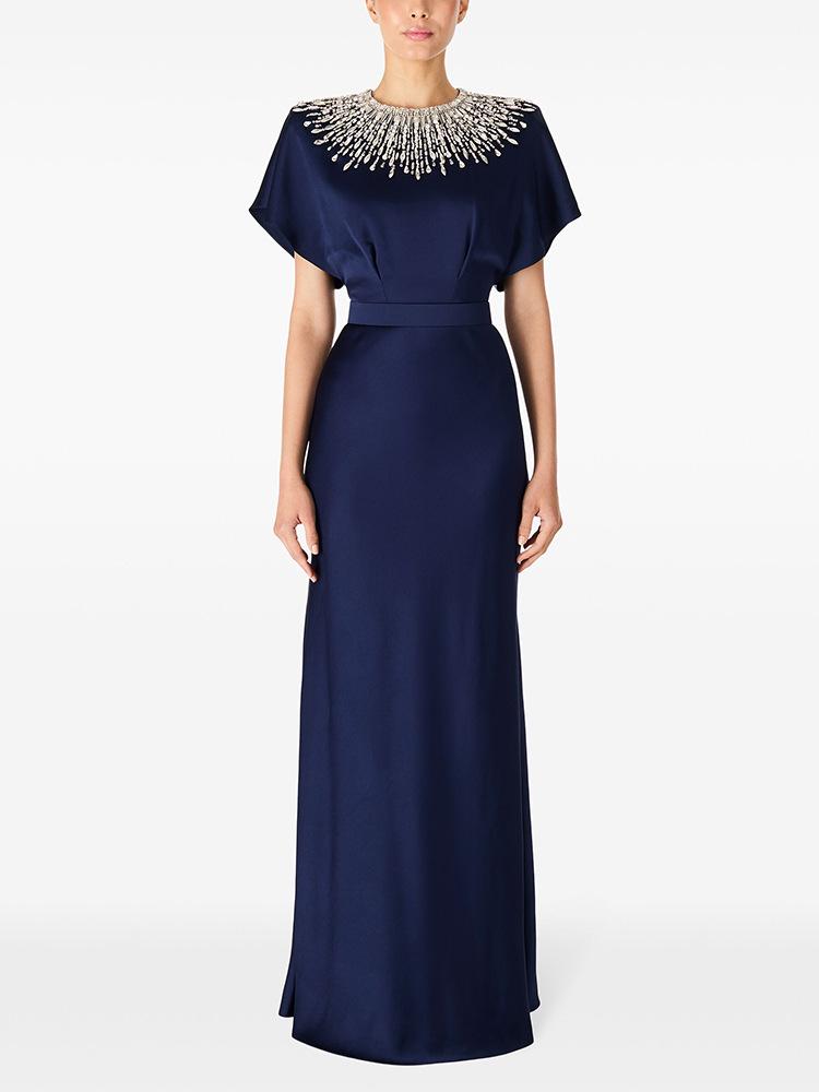 European & American Light Luxury Evening Gown 2026: Backless Shiny Satin Dress with Heavy Beading & Rhinestones