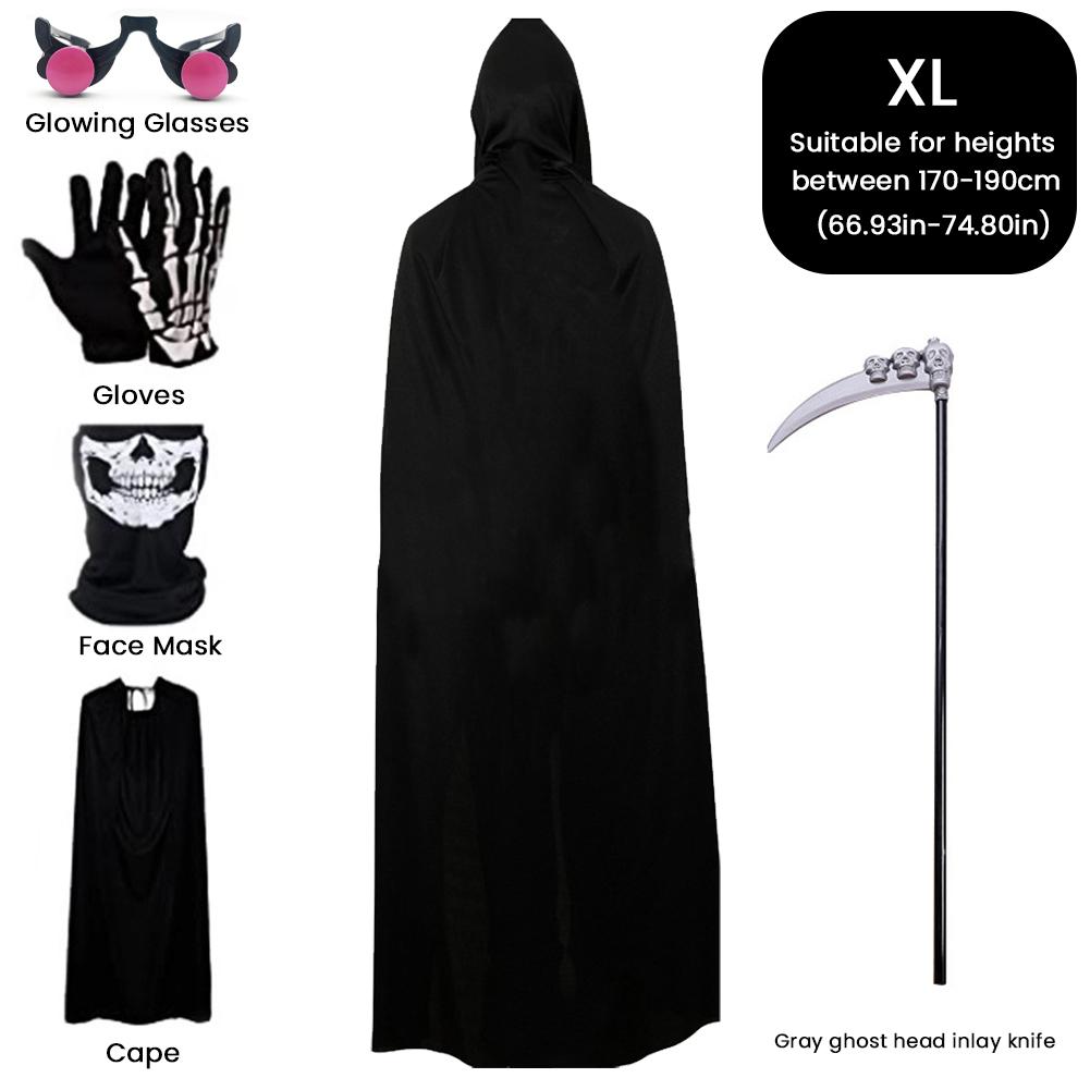 5PCS set Halloween Party Role Playing Kid Adult Death Black Cloak Halloween Skull Luminou Glasses/Mask Costume Prop Holiday Gift