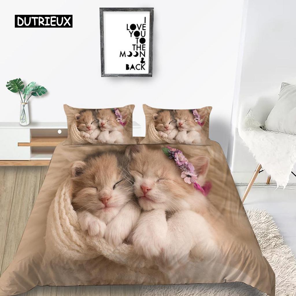Cat Duvet Cover Set King Size Microfiber Cute Animal Print Girl Teen Kid Comforter Cover Lovely Kitty Series Pattern Bedding Set