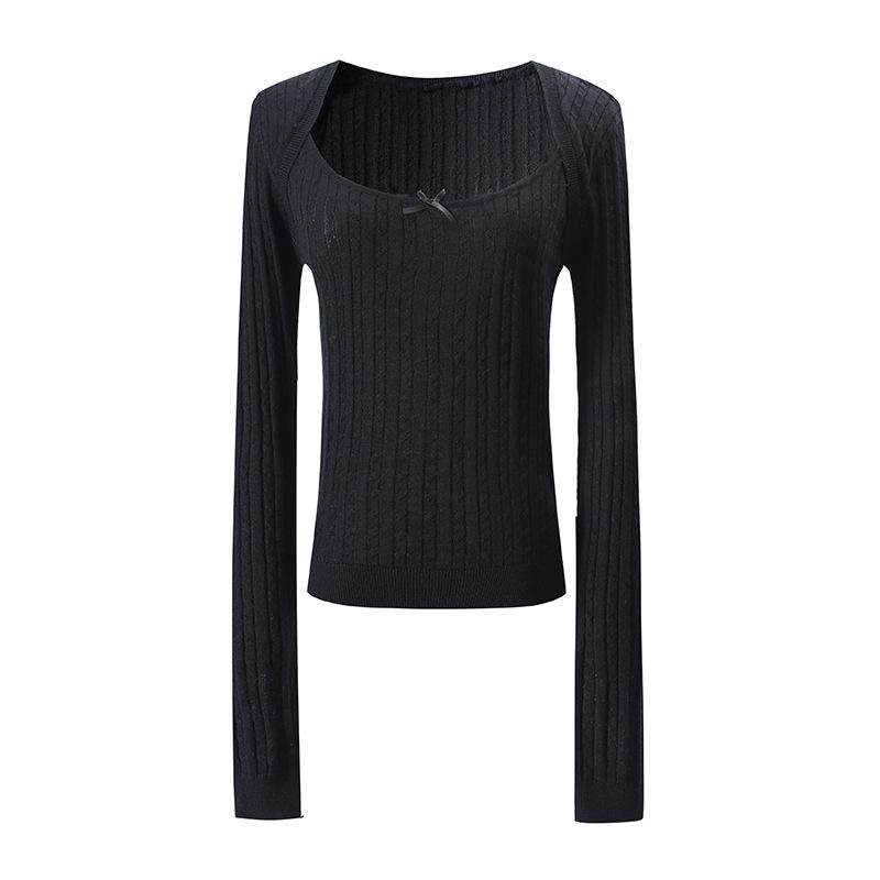 Women Square Neck Cable Knit Sweater Fake Shrug Two Piece Knitted Top Bow Decor Wool Blend Slim Long Sleeve Jumper