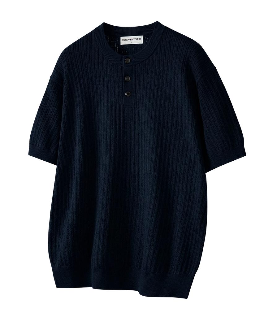 UNTAPPED STUDIO [2Pack] Washable Cool Cotton Henley Neck Round Short Sleeve Knit 5 Colors (B Type)