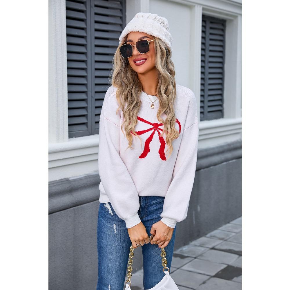 Весна 2025 Новая женская одежда Хит продаж Свитер Бант Мода Большой размер Вязаный свитер Женщины S белый