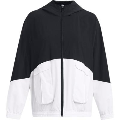 UA Armour Color Block Hooded Zip Design Raglan Long Sleeve Jacket Women Jacket Black White 1382699-001