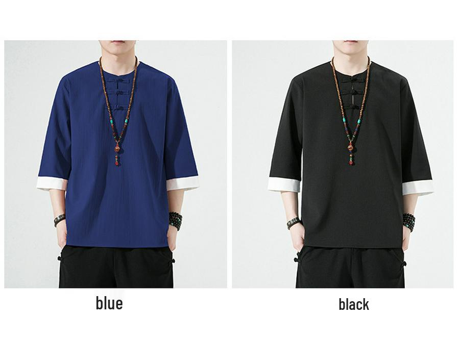 Men's Retro Plus Size Cotton Linen Hanfu T-shirt with Frog Button, Three-Quarter Sleeves