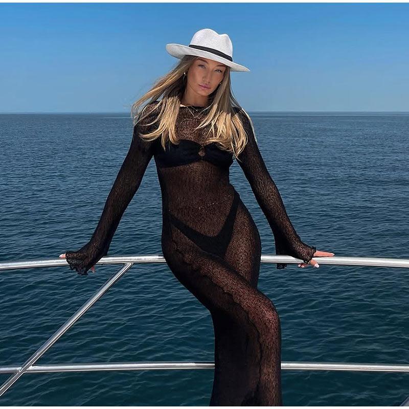 Sommarstickad Utskuren Lång Klänning Rygglös Genomskinlig Lång Flare Ärm Semester Strand Maxi Klänningar 2025 Ny Dam Slim Cover Up