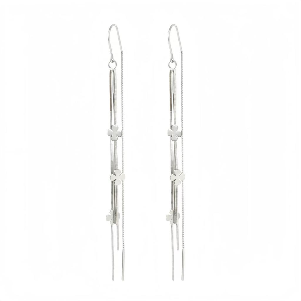 Factory 925 Sterling Silver Rhodium Plated Clover Tassel Chain Earring Women Versatile Everyday Wear Earring Jewelry