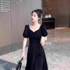 [Spot] Summer Small Black Dress Waist Thin Split Skirt Black Short-sleeved Dress Women's Thin Skirt