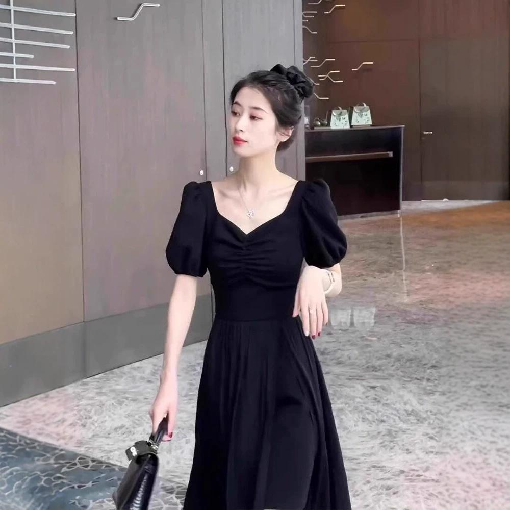 [Spot] Summer Small Black Dress Waist Thin Split Skirt Black Short-sleeved Dress Women's Thin Skirt