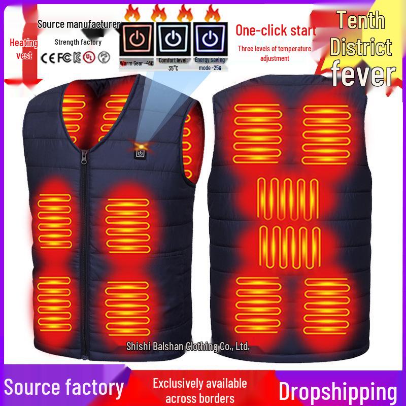 Unisex Ten-Zone USB Heated V-Neck Vest, Down Cotton Electric Heating Jacket