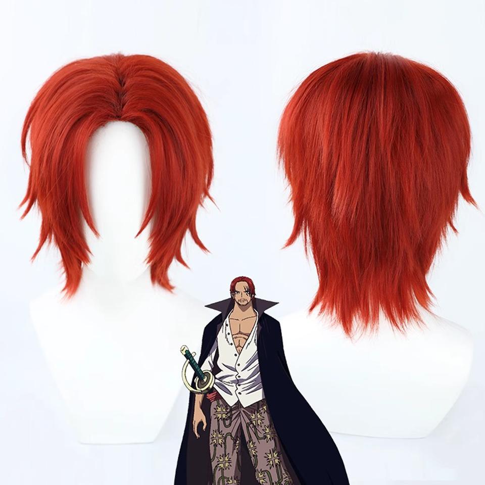 Červené krátké rovné vlasy syntetická paruka "One Piece" - nadýchaná a hladká Cosplay paruka do vlasů s červenými velkými zády