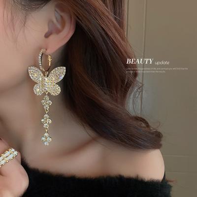 Silver Needle Diamond Butterfly Super Fairy Smart Earrings Versatile Long Fringed Flower Earrings Exaggerated Earrings