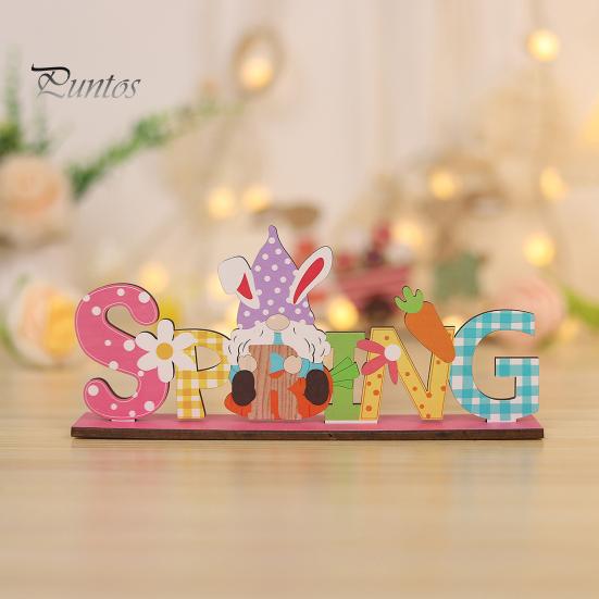 Ornamento pasquale in legno dai colori vivaci, motivo a gnomo con fiore e coniglio, decorazione da tavolo per la casa e le feste.