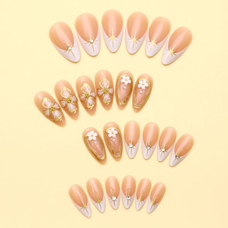 Elegant Acrylic False Nail Almond Shape with Floral Pattern and Gold Detail Stick On Nail for Manicure 24 Pieces
