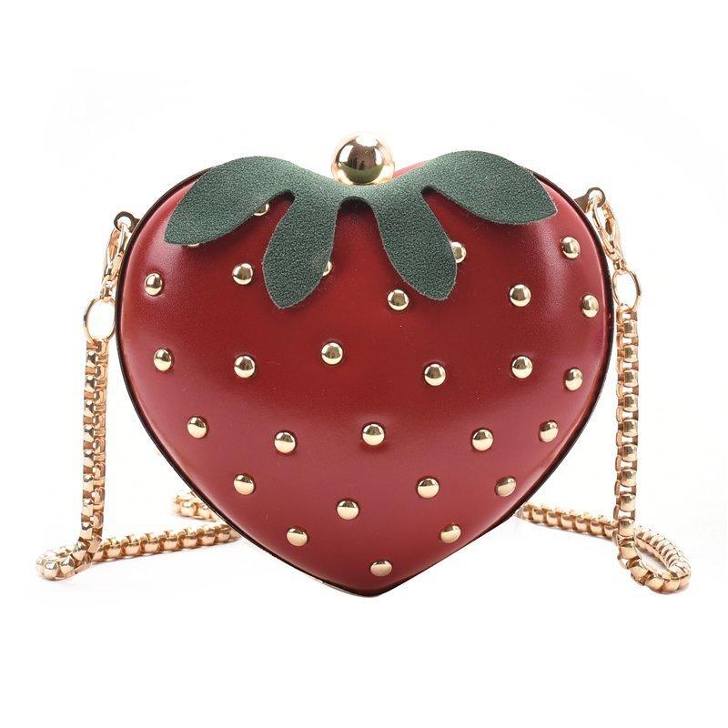 Strawberry Print Red Leather Crossbody Bag Gold Studs Chain Strap Lovely Mini Shoulder Purse for Girls Party Gift