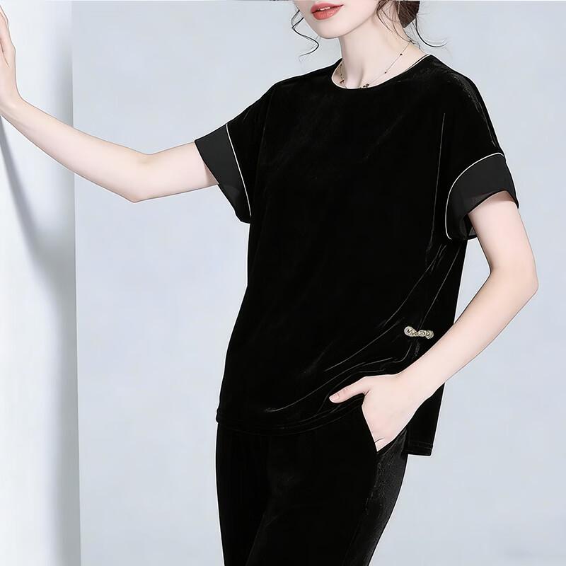 Han Meng Xuan Mulberry Silk Velvet Short-Sleeve Top with Frog Buttons M