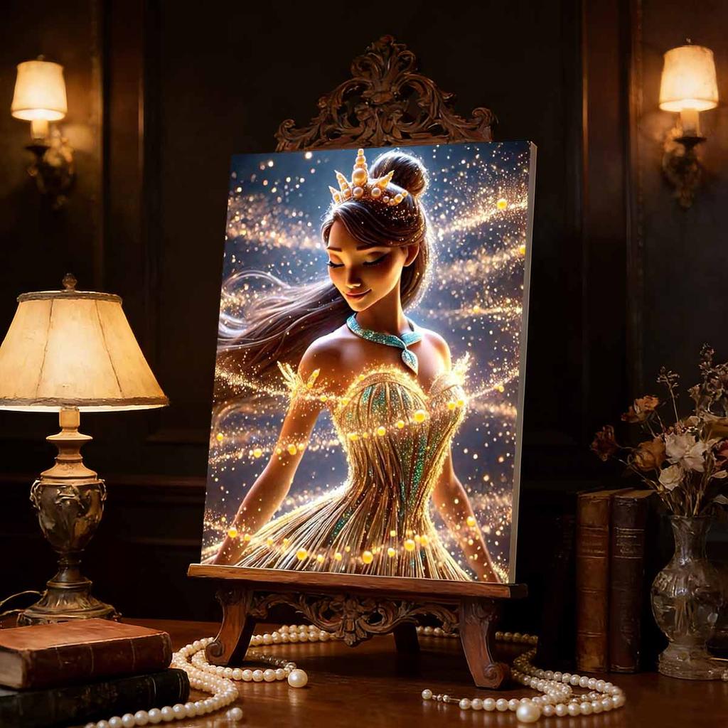 Disney Princess and The Frog Princess Tiana Golden Crown Pearl Painting Starlight Gold Glowing Dress Emerald Necklace Theme Unframed Art Painting