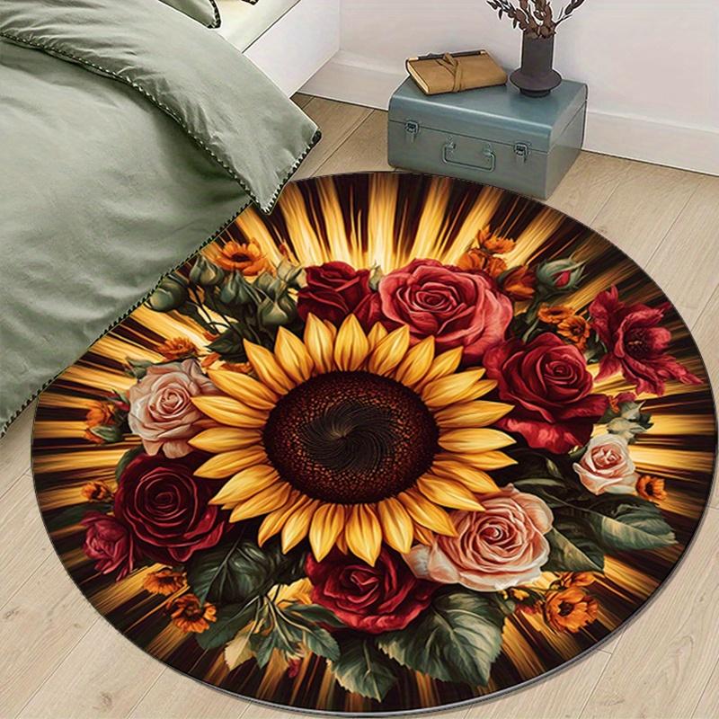 Sunflower and Roses Printed Round Area Rug - Polyester Non-Slip Chair Mat for Living Room, Bedroom, Home Decor - Floral Blooming Pattern, Wa