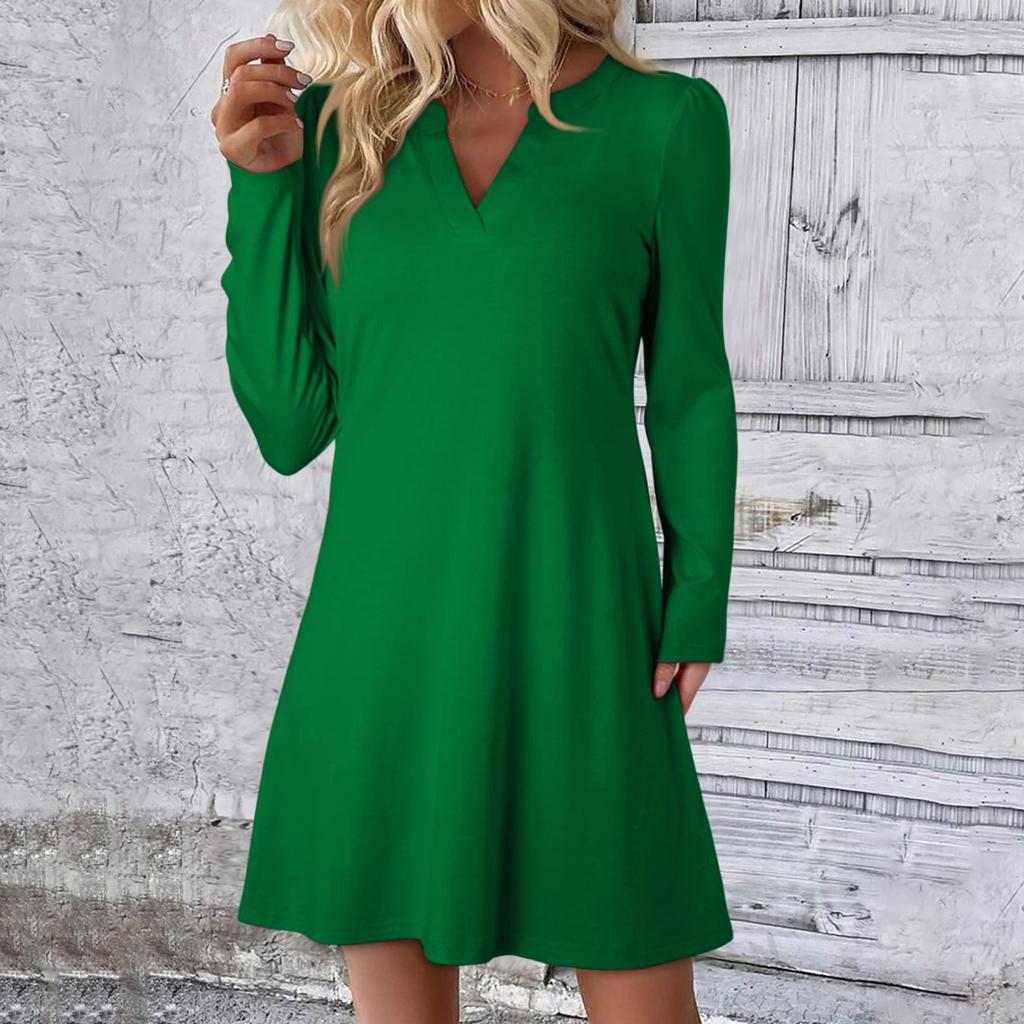 Women's Solid Color Dress Loose V-neck Casual Fashion Long Long Sleeved Dress