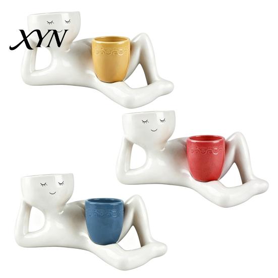 Waterproof Plant Pot Lazy Guy Planter, Little Character Flowerpot Ornament, Creative Lying Holder Humanoid Double Planter for Succulents Home