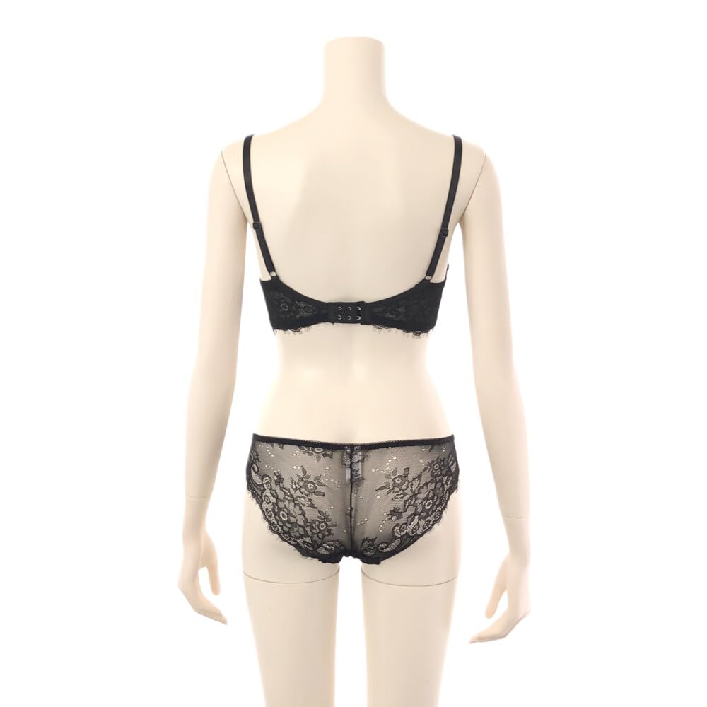 RAVIR Underwear Bra and Panty Eyelash Classic C75 Women's Set, Lace, See-Through, Embroidered, Black, (Panties L)