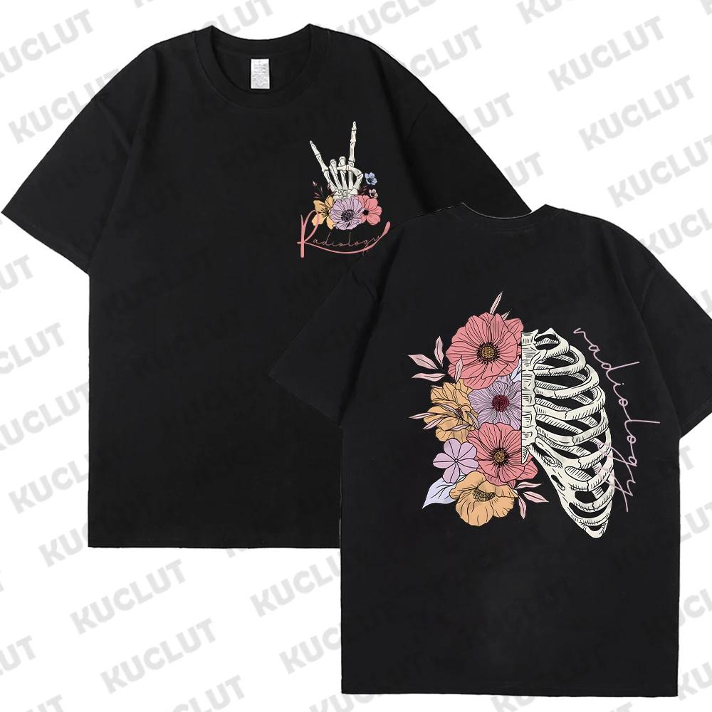 

Rad Tech Floral Skeleton Shirt for Women Radiology Skeleton Tshirts Halloween Horror Tshirts Short Sleeve Womens Street Wear S