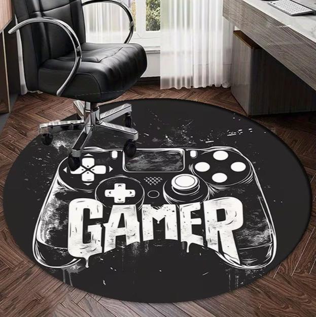 Colorful Cartoon Style Circular Carpet with Game Controller Patterns Suitable for Holiday Themed Carpets