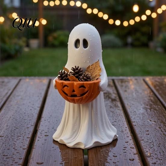 Holiday Party Buffet Tableware Resin Ghost Statue with Pumpkin Candy Bowl, Cute Figurine, Trick Spooky Season Entryway Accents or Treat Holder