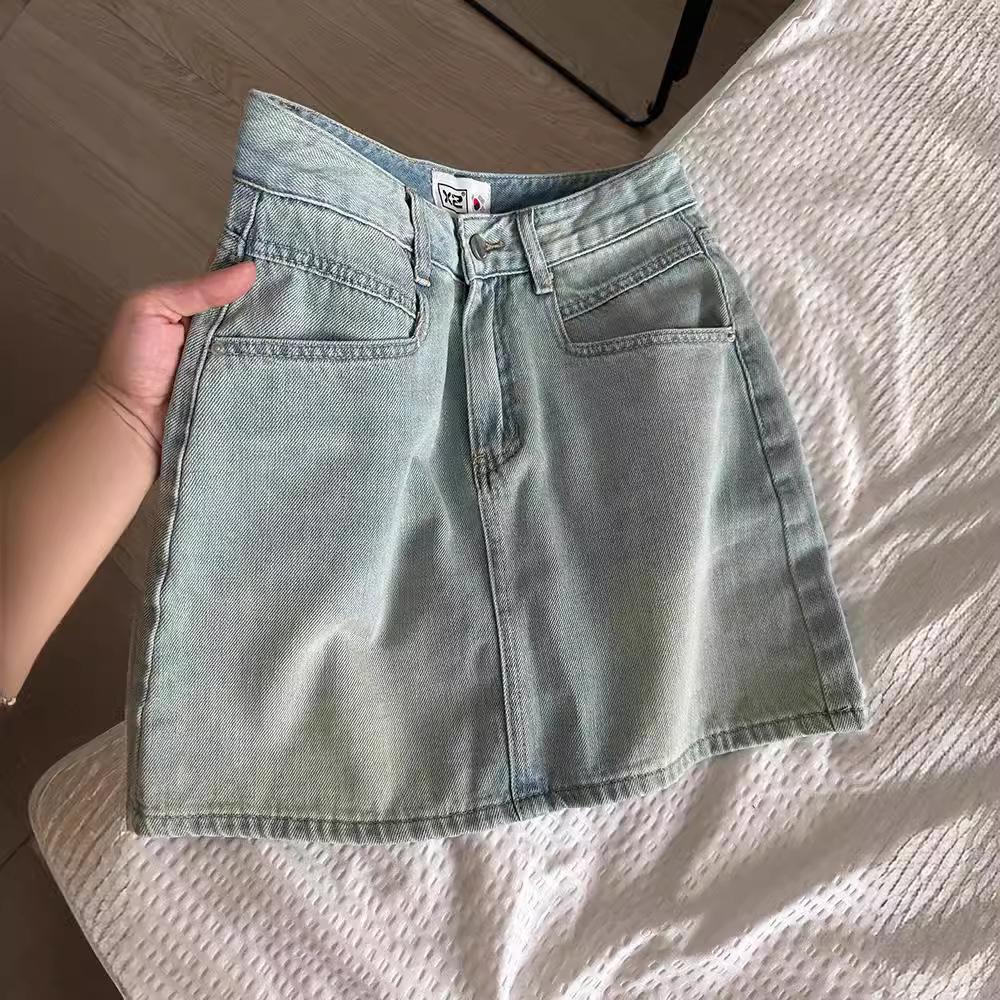 Women's 2024 Summer High-Waisted Slimming A-Line Denim Mini Skirt with Ripped Detail