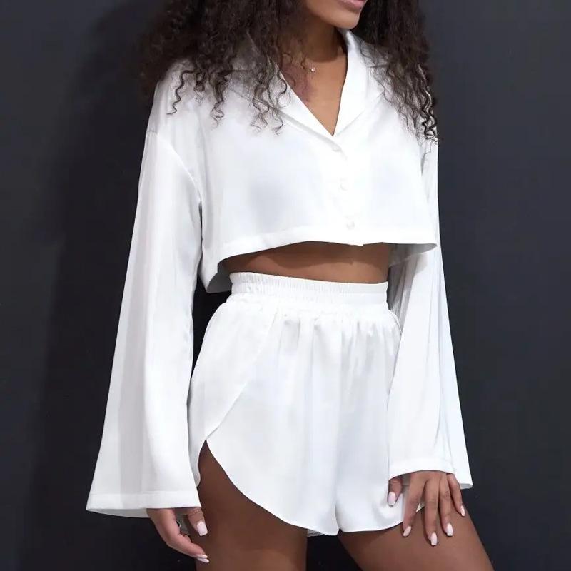 

Повседневный женский домашний костюм со свободными лацканами, короткие шорты с длинными рукавами, женский комплект из двух предметов