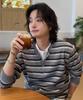 DRAW FIT Washable Striped Henley Neck Knit [Melange Grey]