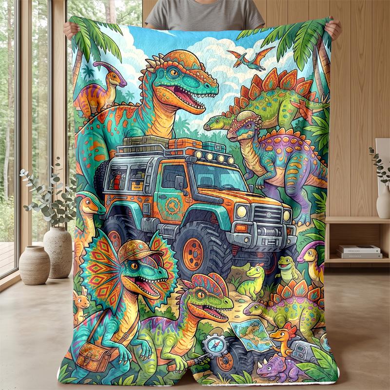 Dinosaur Driving Off-Road with Lightning Blanket Personalized Name Flannel Blanket Soft Cozy Plush Throw for Sofa Bed Lightweight Home Decor