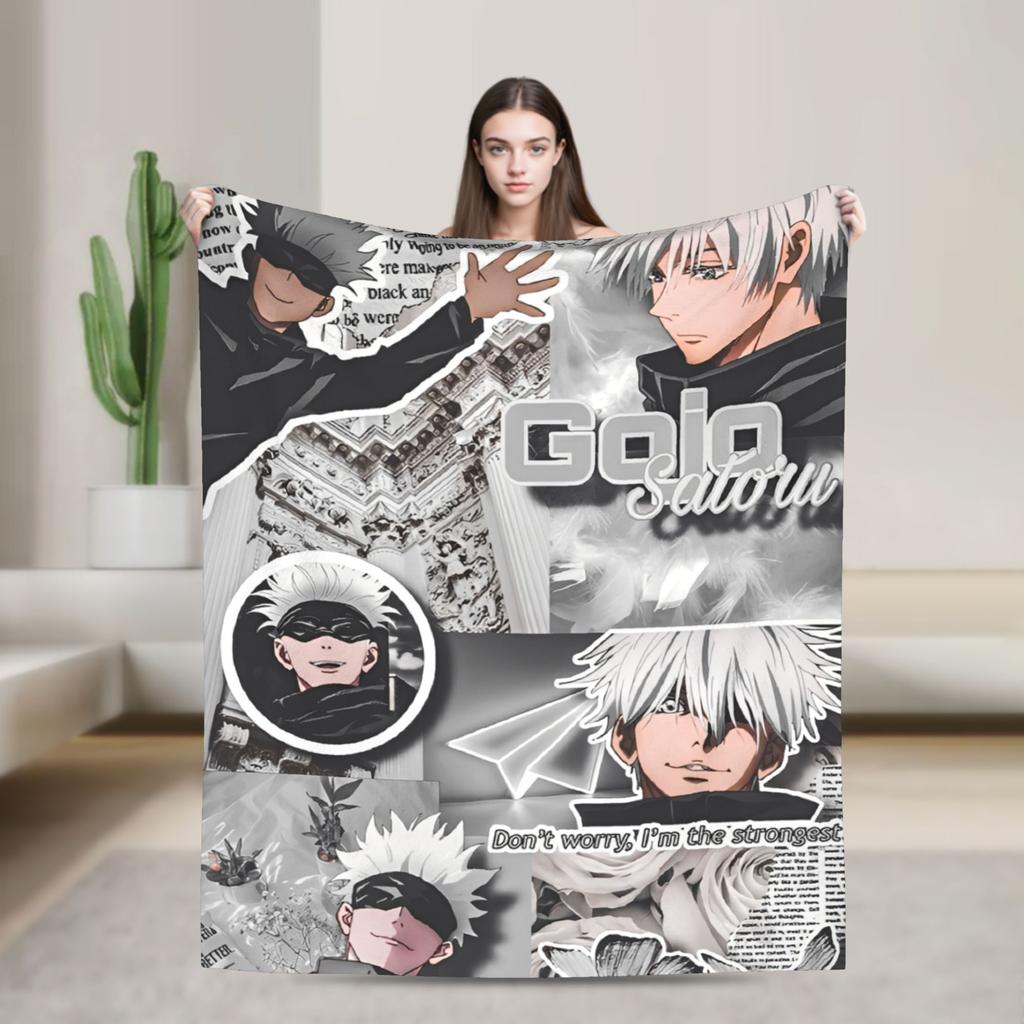Jujutsu Kaisen Gojo Satoru Flannel Throw Blankets Anime Cool for Bedspreads Knitted Blanket Travel Lightweight Multifunction