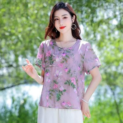 Women's Chinese Style Printed Short Sleeve Top for Mom - Round Neck Frog Button Loose Fit Blouse for Summer
