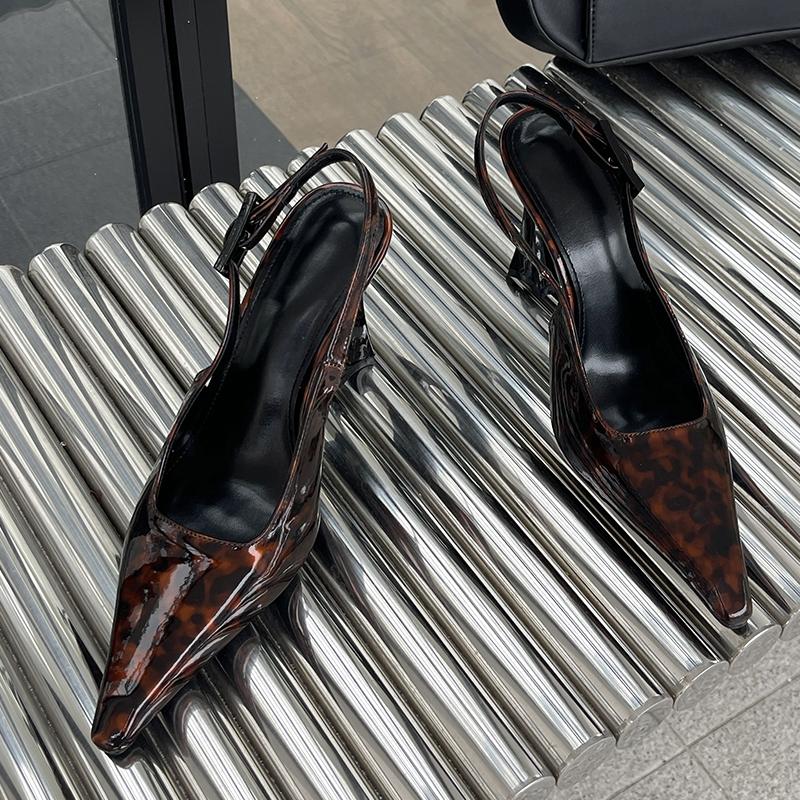 Fashion Leopard Pumps Footwear New Elegant Women Heeled Shoes Fashion Buckle Strap Female Pointed Toe Slingbacks Ladies High Heels Shoes