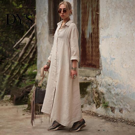 Spring Long Dress Summer Maxi Loose Turn-down Collar Sleeves Pure Color Casual Solid Single-breasted Cardigan OL Commute Daily Wear Women Lightweight