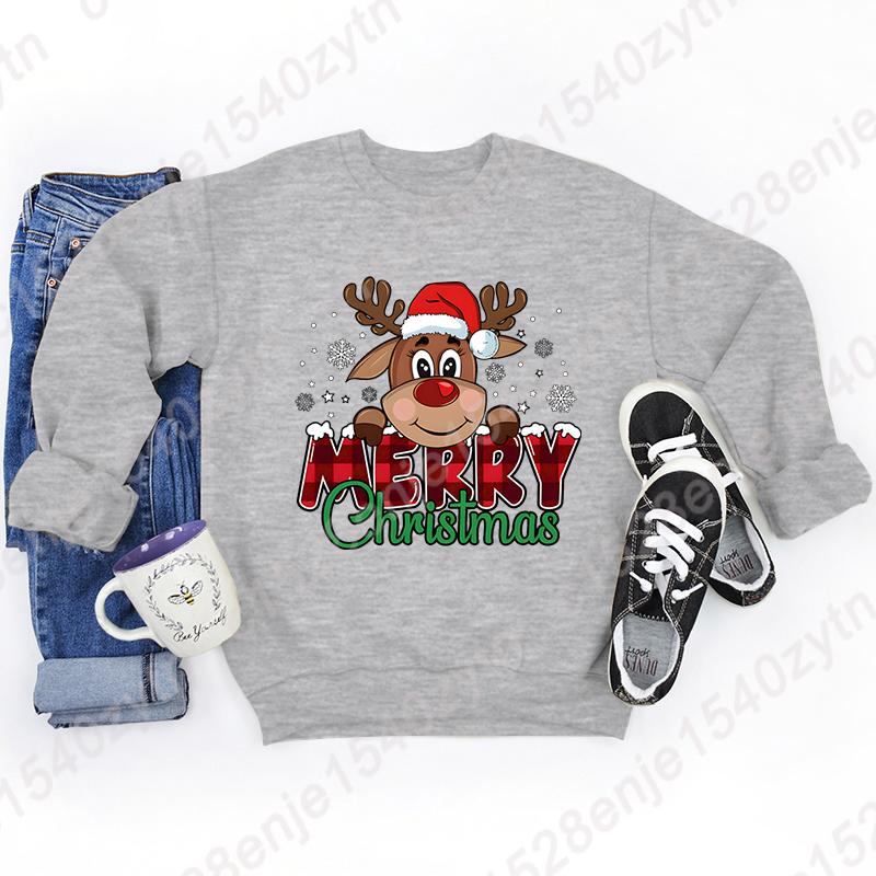 Women's Festive Christmas Reindeer & Plaid Graphic Sweatshirt, Casual Loose Fit, Long Sleeve, Crew Neck Sweatshirts for Winter
