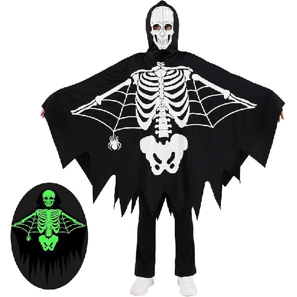 Хэллоуинский костюм скелета ESHOO, детский плащ с капюшоном, светящийся в темноте, плащ с крыльями, косплей, ролевые игры 10-12 Years