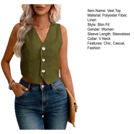 Linen Vest Top for Women Casual Slim Fit Sleeveless Button Down Waistcoat V