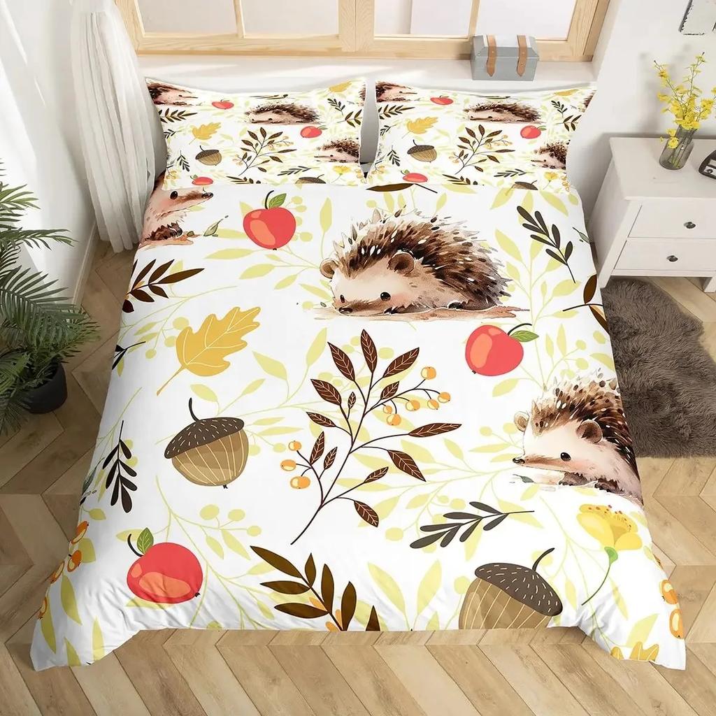 Cartoon Igel Bettbezug Queen Aquarell Batik Boho Bettwäsche-Set, Wildtiere Blumen Bettdeckenbezug Floraler Quiltbezug