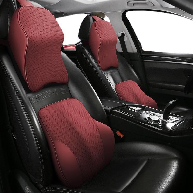 Celoroční polštář pod hlavu a bederní opěrka do auta z paměťové pěny s nappa kůží