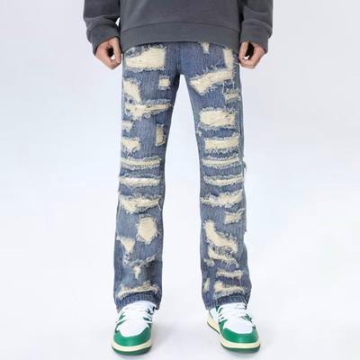 Men Jeans Distressed Washed Vintage Denim Pants with 4 Deep Pockets High Street Style Straight-Leg Denim