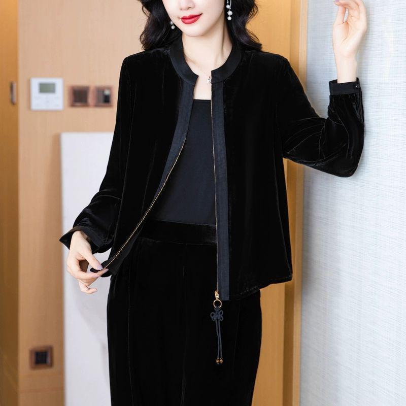 2025 Autumn/Winter Retro Gold Velvet Cardigan Jacket for Women: Stylish National Round Neck Short Top