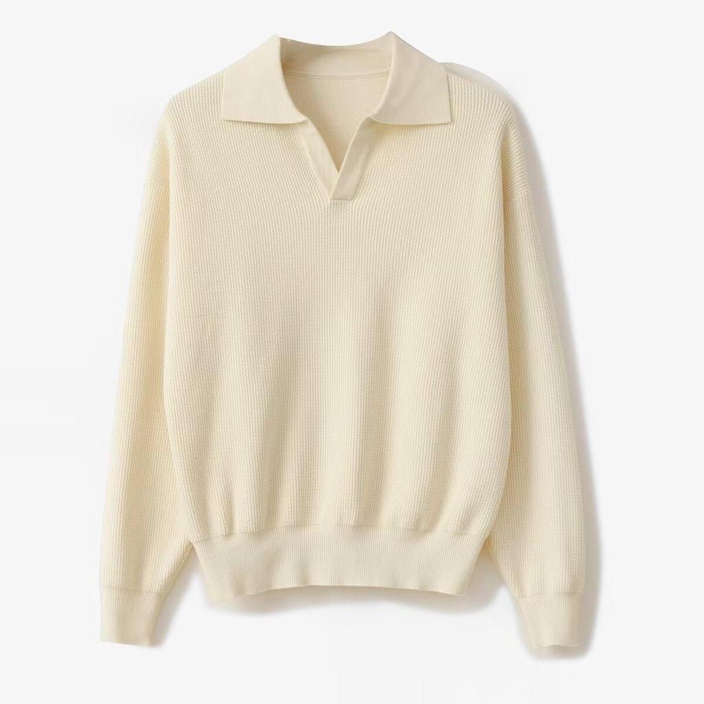 Men's Korean Retro V-Neck Polo Collar Knit Sweater for Autumn/Winter