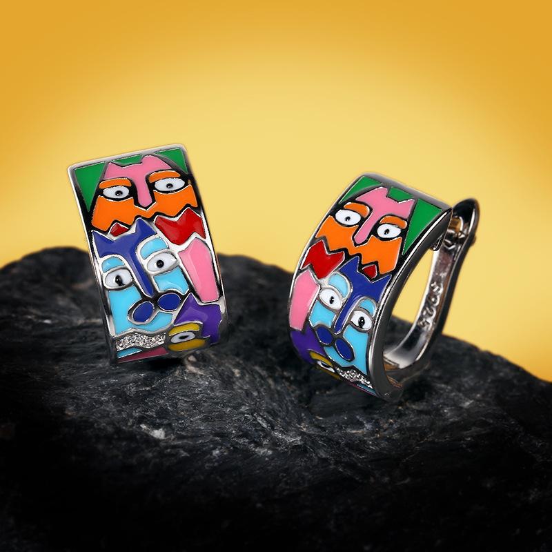 Stilvolle Damen-Silberohrringe, versilberte Gesichtsohrringe, Damen-Party-Mode-Accessoires, bunte Emaille, handgefertigt