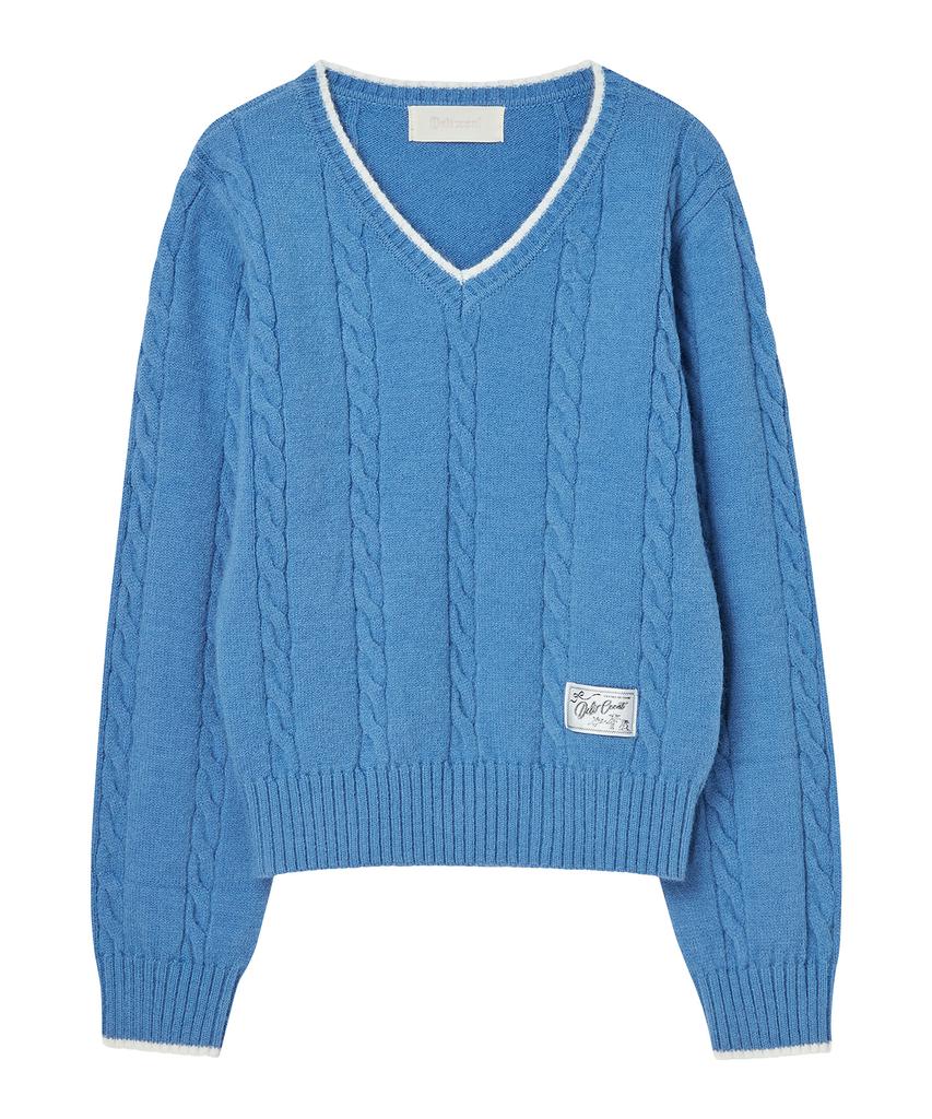 DELICCENT V-Neck Cozy Cable Pullover [Blue]
