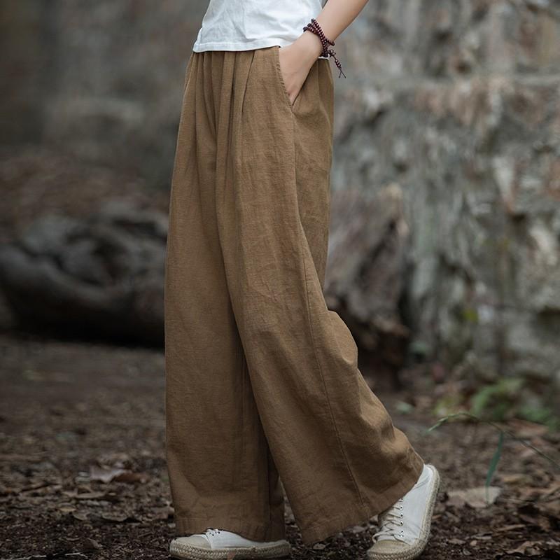Womens Linen Cotton Blend Wide Leg Pants Vintage Washed Relaxed Fit Casual Trousers
