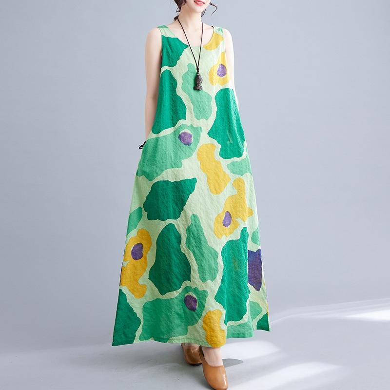 Real Shot Summer Cotton and Linen Large Size Retro Literary Loose Printing Sleeveless Dress Vest Suspender Long Dress Women